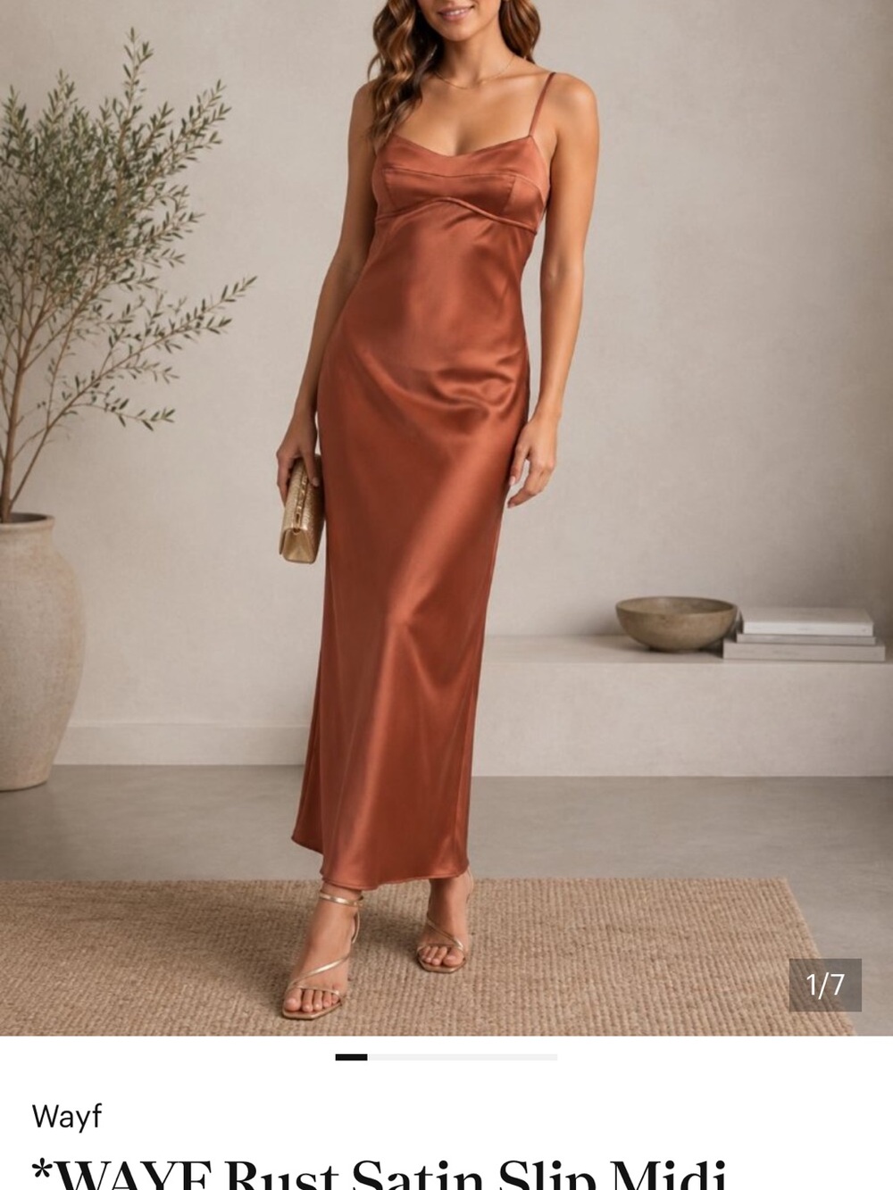 Wayf Copper Satin Slip Midi Dress